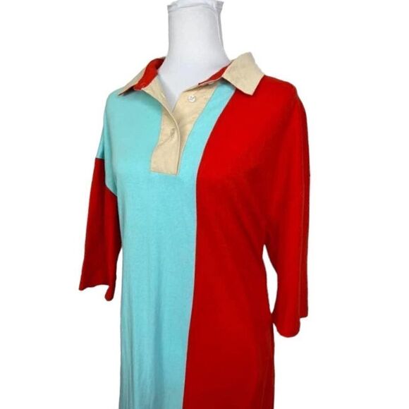momo New York Shirt Dress Maxi Color Block Red Blue Asymmetrical Hem OS - Picture 6 of 13